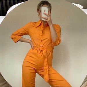 House of Sunny orange cotton utility jumpsuit size 8 adjustable belt 3/4 sleeve
